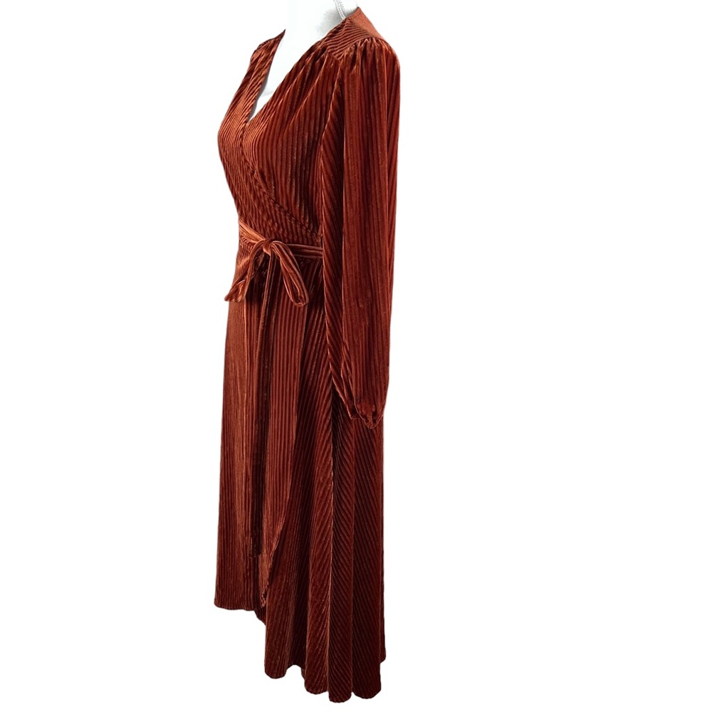 NWT Burnt Orange Ribbed Wrap Dress Long Sleeves Small - Picture 10 of 16